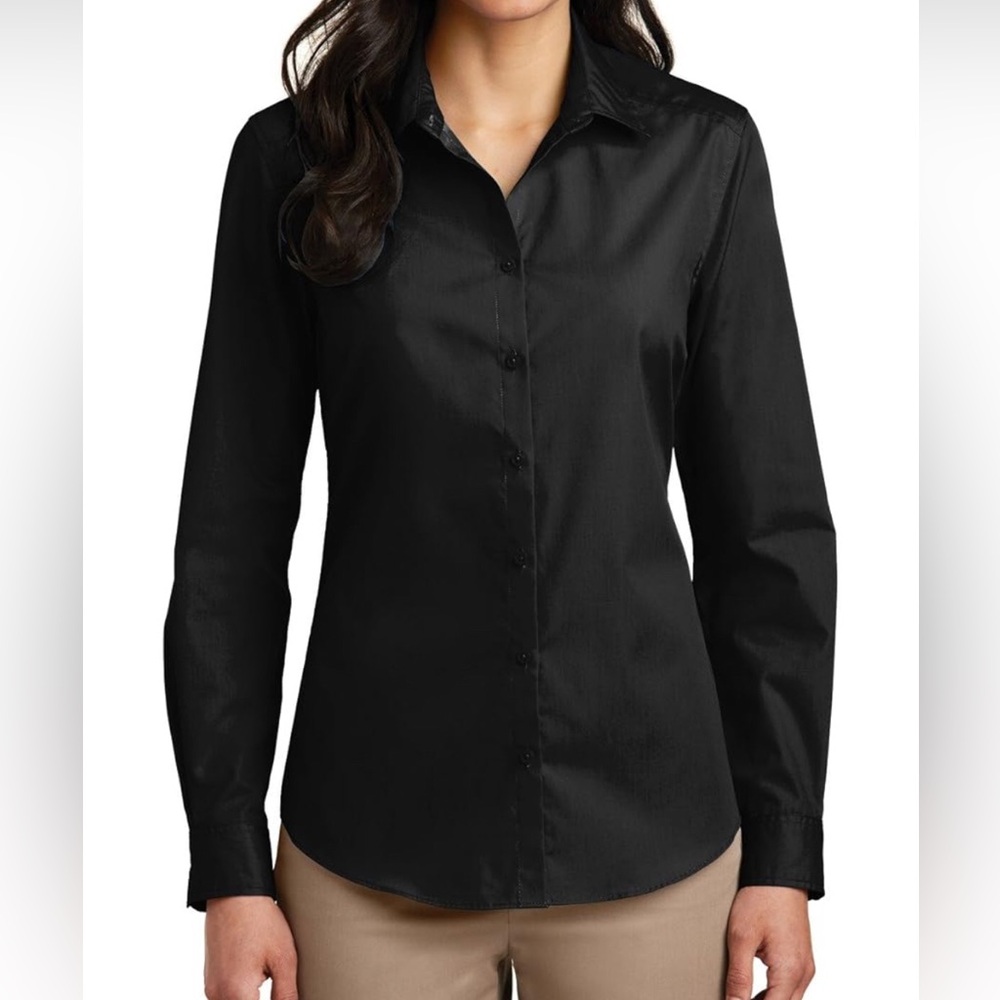 Women’s black button down shirt, small.